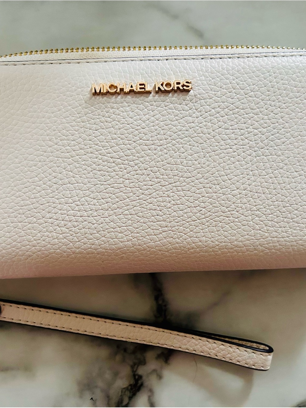Michael Kors Cream Pebbled Leather Wristlet with Gold Logo - Picture 1 of 4